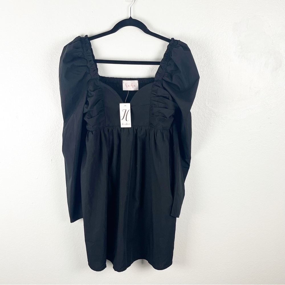 HERRINGSTONES Black Ruffle Long Sleeves Trim Smocked Back Dress, Size Large
